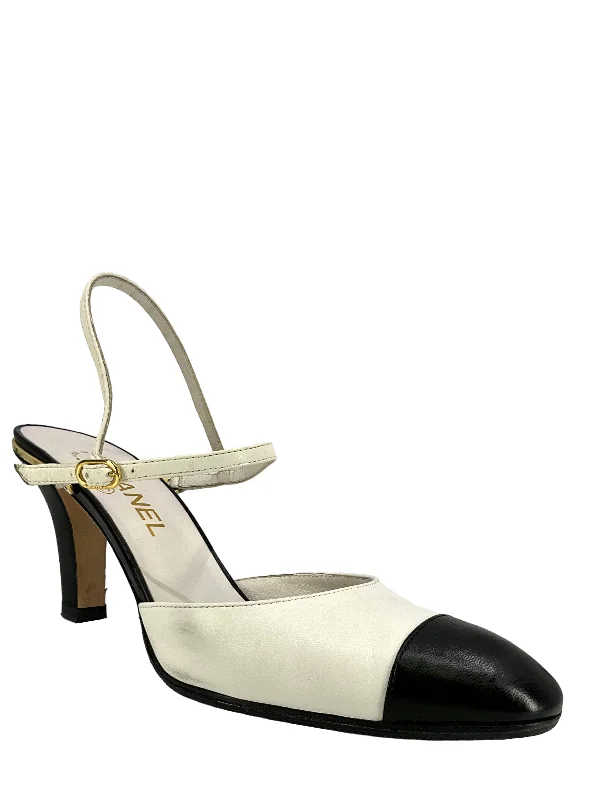 Buy CHANEL high heels -CHANEL 17P Lambskin Cap Toe Slingbacks Size 8.5