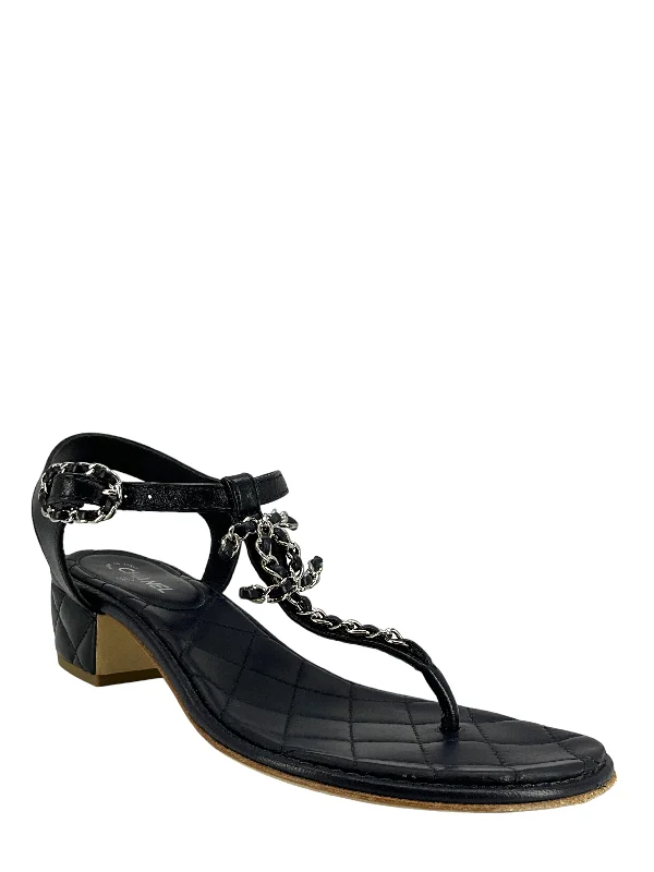 Buy CHANEL shoes with embroidered details -CHANEL 20S Chain Link CC Logo Thong Sandals Size 6.5