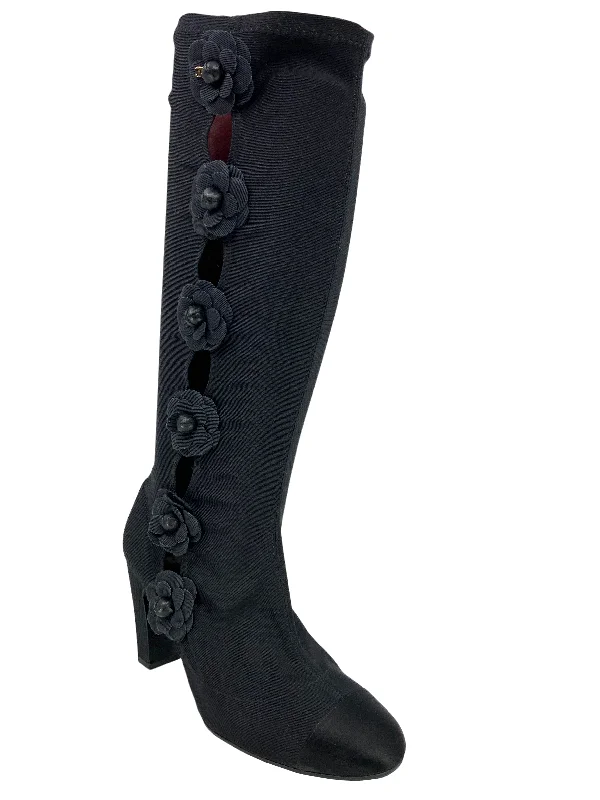 CHANEL shoes with luxury stitching -CHANEL Camellia Satin Sock Mid Calf Boots Size 10