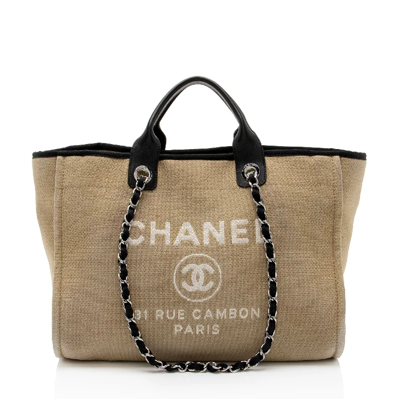 CHANEL bag with lambskin leather -Chanel Canvas Deauville Medium Tote (SHF-SYyjAd)