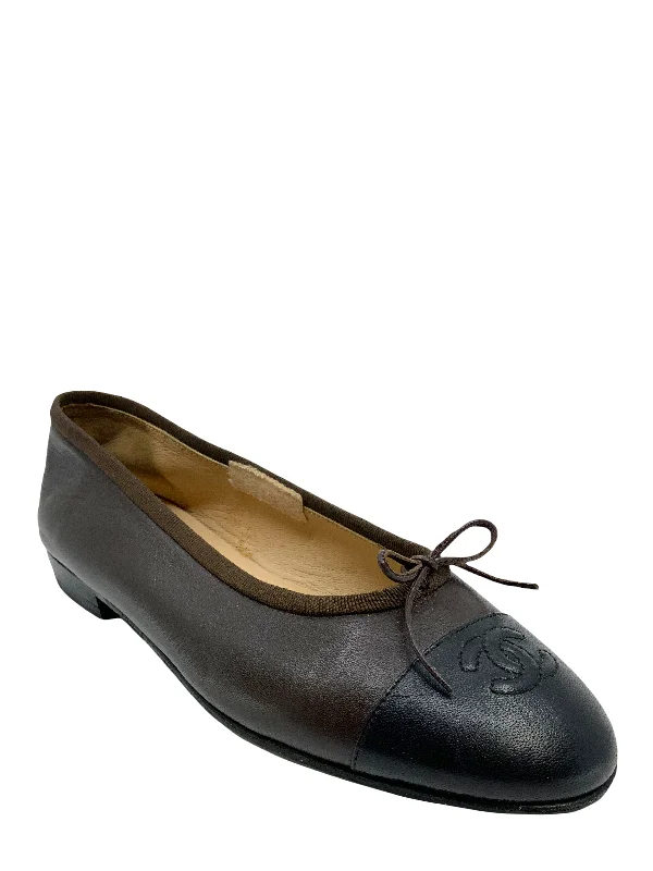 CHANEL heels with modern finishes -CHANEL CC Cap Toe Lambskin Leather Ballet Flats Size 8