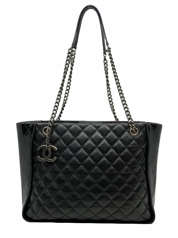 CHANEL bags with double compartment -Chanel CC Charm Quilted Lambskin Patent Leather Tote