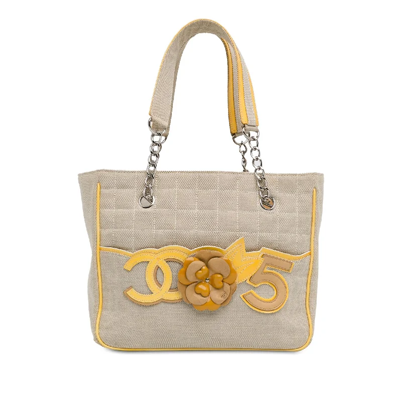 CHANEL bags for high-end fashion lovers -Chanel Choco Bar Canvas CC Camellia No. 5 Tote (SHG-2pYBaU)