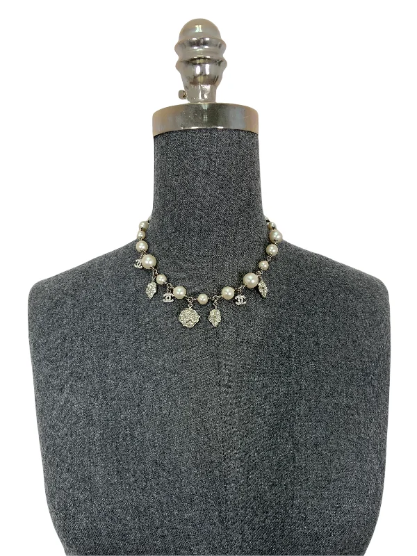 CHANEL iconic brooches -CHANEL Faux Pearl Crystal Camellia Charm Necklace