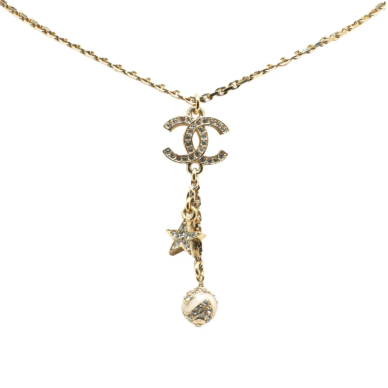 Classic CHANEL brooch designs -Chanel Gold Plated CC Rhinestones Star and Ball Pendant Necklace (SHG-RS0IWK)