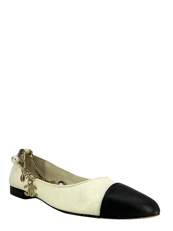 CHANEL slip-on mules for summer -CHANEL Lambskin Ankle Chain Cap Toe Ballerina Flats Size 8