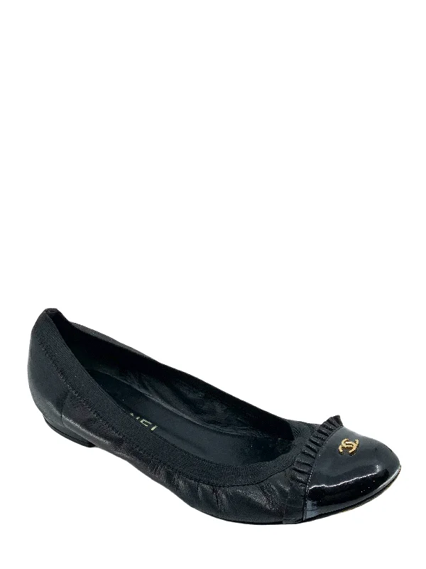 Authentic CHANEL heels for women -Chanel Leather and Patent Elastic Cap-Toe Spirit Flats Size 7