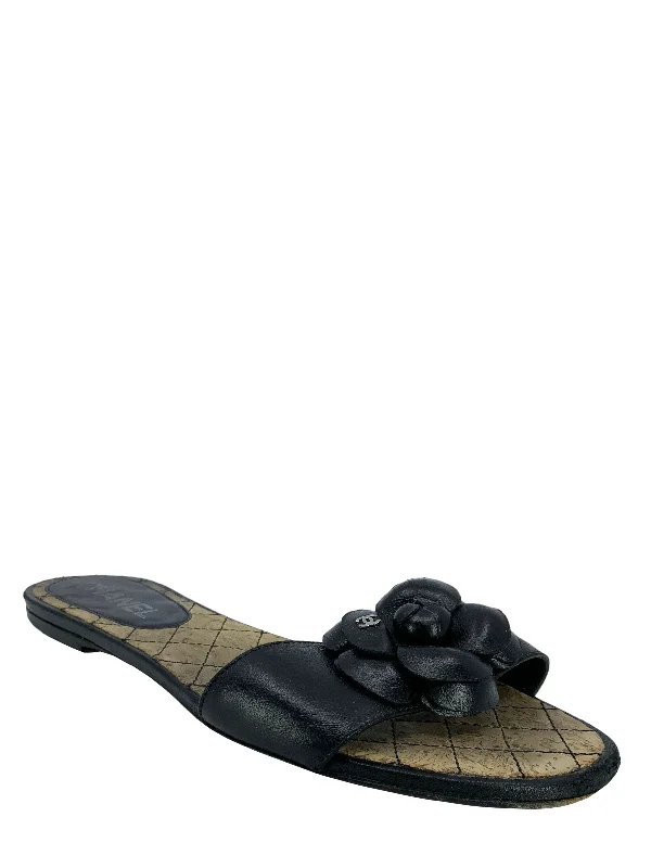 Buy CHANEL shoes for formal events -Chanel Leather Camellia Flower Flat Cork Sandals Size 7