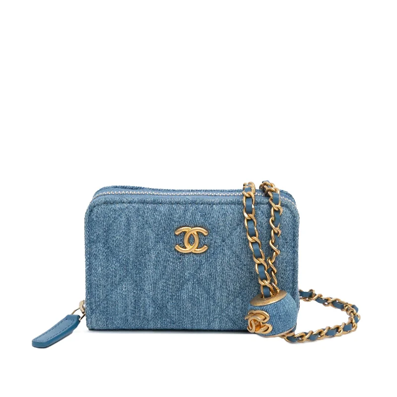 Chanel Mini Denim Pearl Crush Card Holder On Chain (SHG-clDWDq)