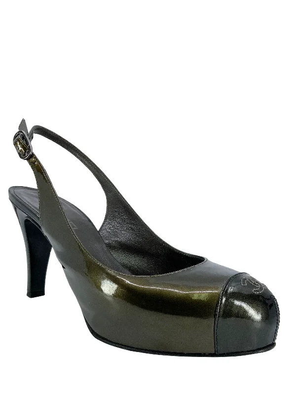 CHANEL shoes with unique detailing -Chanel Patent Leather CC Logo Cap Toe Slingback Pumps Size 9