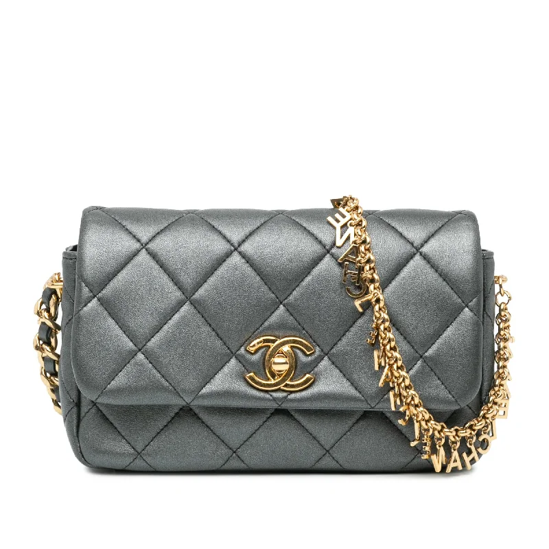 Chanel Quilted Metallic Lambskin Logo Charm Chain Flap (SHG-tizGCB)