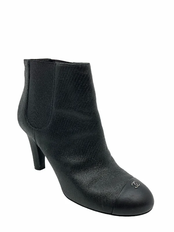 Classic CHANEL leather boots -Chanel Textured Leather CC Cap Toe Bootie Size 7