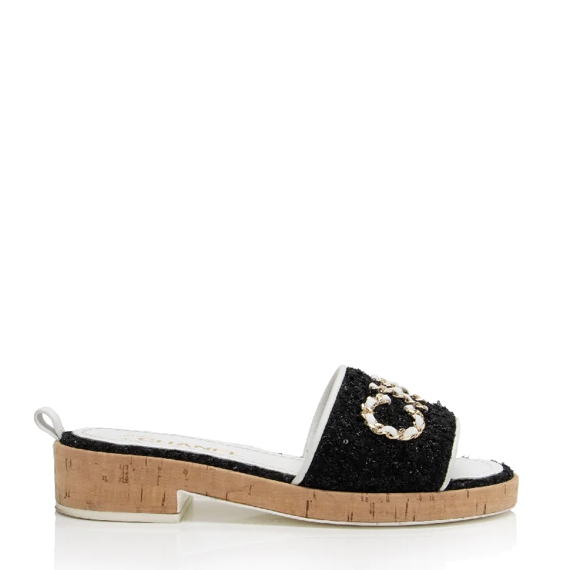 Buy CHANEL shoes with embroidered details -Chanel Tweed Cork CC Chain Slide Sandals - Size 7 / 37 (SHF-qq7zL1)