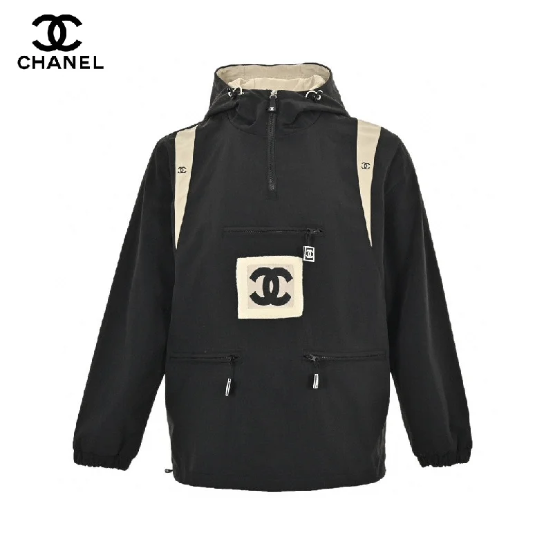 CHANEL black leather jackets -Chanel Two-Tone Hooded Jacket