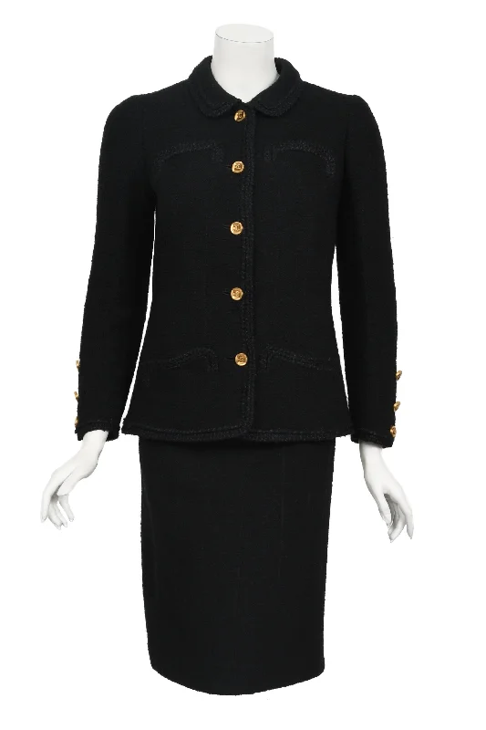 Buy CHANEL cotton t-shirts -1973 Chanel Haute Couture Black Boucle Wool Logo Buttons Jacket Suit