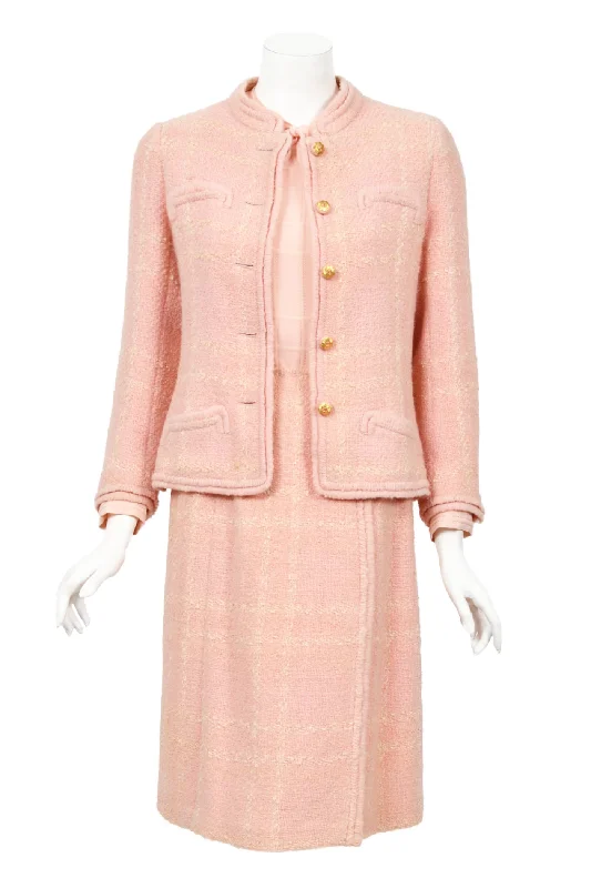 CHANEL luxury pants and trousers -1973 Chanel Haute Couture Documented Pink Wool Jacket Blouse Skirt Three-Piece Suit