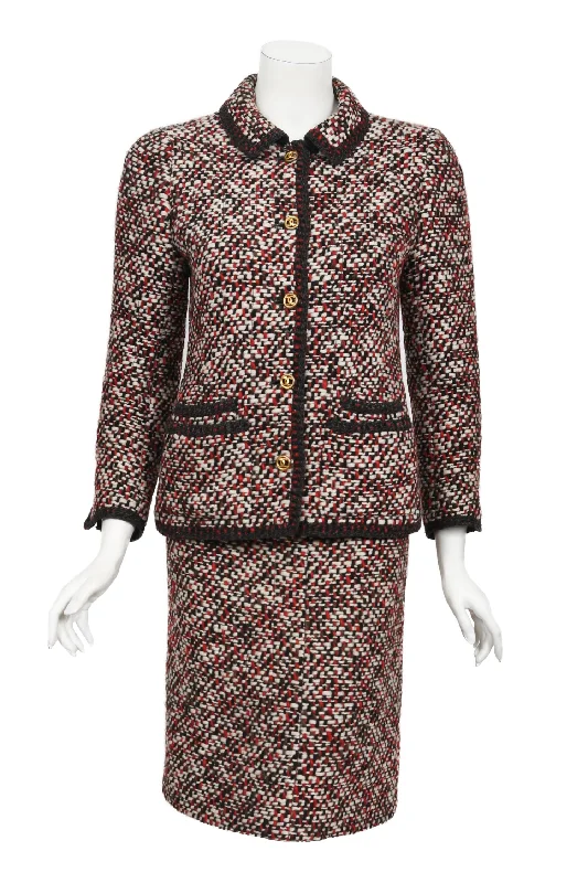 CHANEL luxurious evening dresses -1973 Chanel Haute Couture Red Black Ivory Wool Tweed Jacket & Skirt Suit