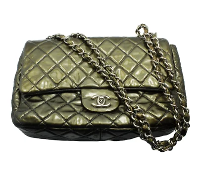 CHANEL medium flap bag -2008 Chanel Classic Jumbo Quilted Patent Leather Rare Olive Green Handbag Purse