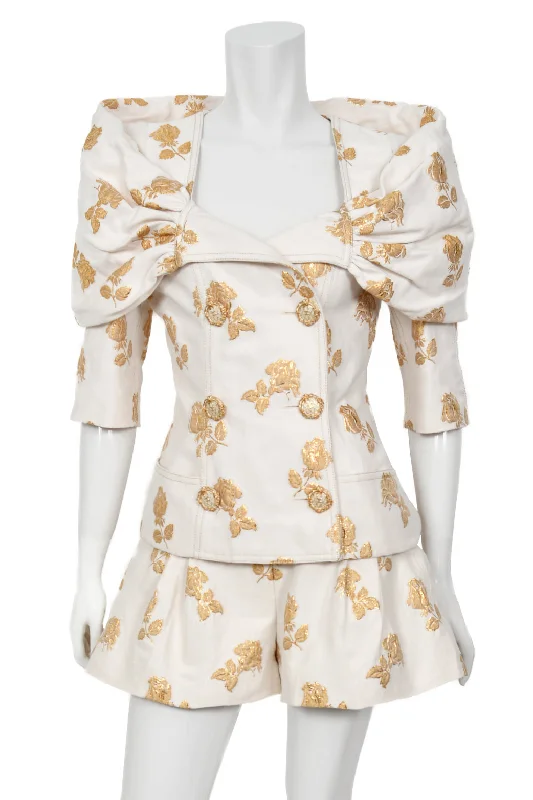 CHANEL fashion blouses with patterns -2013 Chanel by Karl Lagerfeld Documented Metallic Gold & Ivory Silk Brocade Jacket w/ Shorts