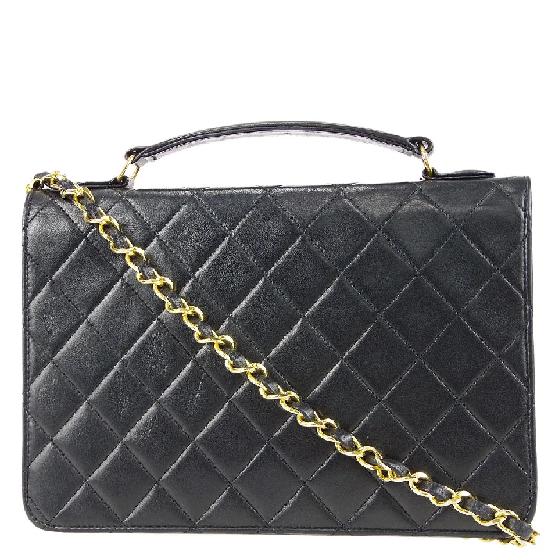 CHANEL top handle bags -Chanel * 1989-1991 Small Double Turnlock Handbag Black Lambskin