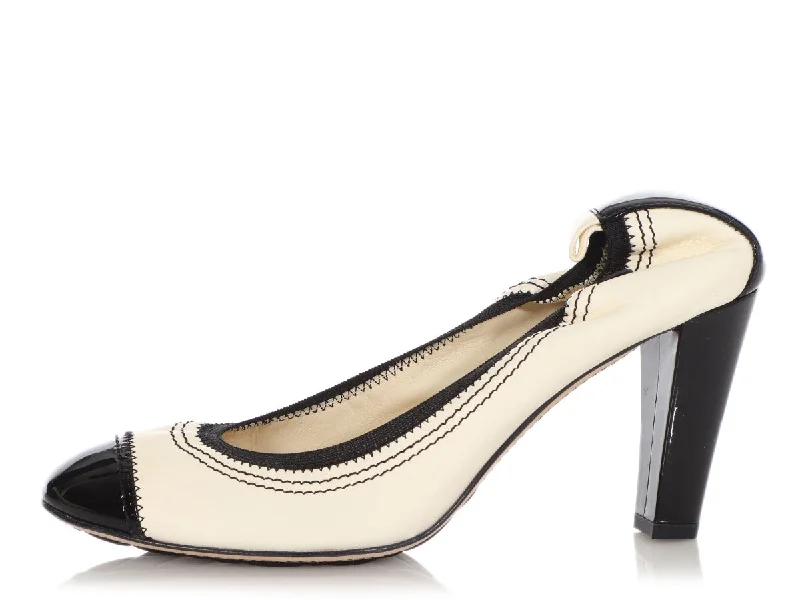 CHANEL slip-on shoes for everyday wear -Chanel White and Black Cap Toe Stretch Pumps