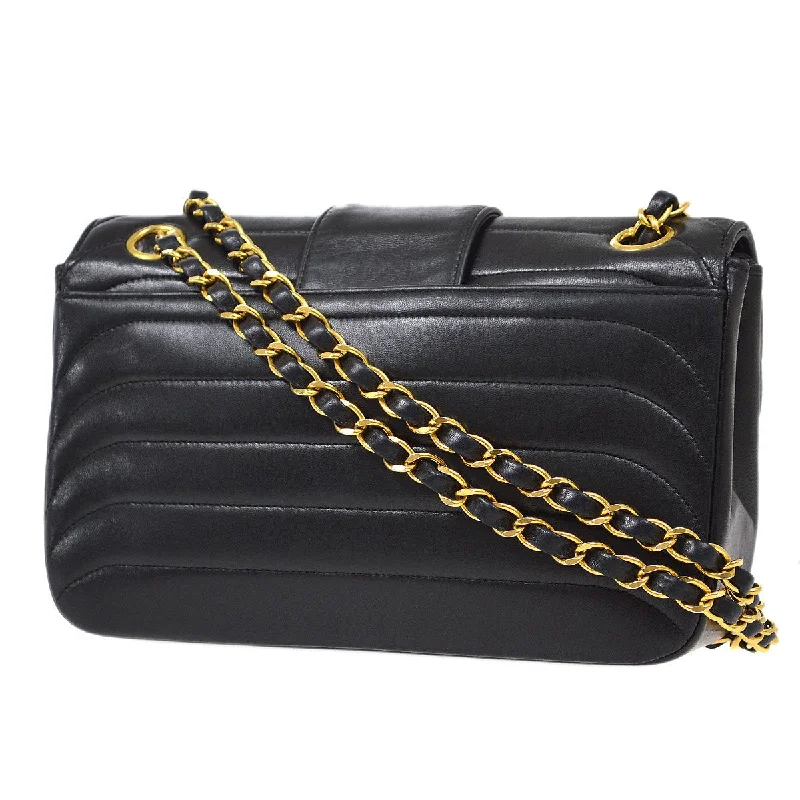 CHANEL bags with logo design -CHANEL 1991-1994 Single Flap Chain Shoulder Bag Black Lambskin