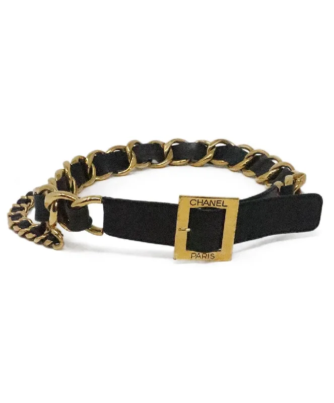 Chanel 1995 Black Leather & Gold Chain Belt