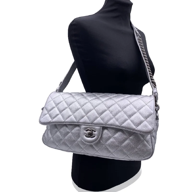 New season CHANEL bags for luxury lovers -CHANEL Airline 2016 Silver Metal Quilted Leather Easy Flap Shoulder Bag