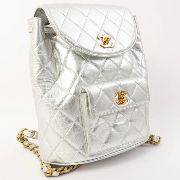 CHANEL handbags with modern aesthetic -Chanel Around 1992 Made Double Turn-Lock Backpack Silver