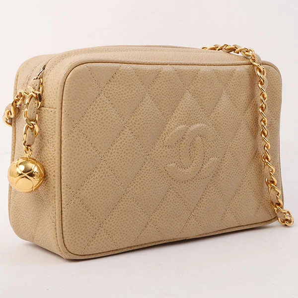 Vintage CHANEL bags for sale -Chanel Around 1995 Made Caviar Skin Cc Mark Stitch Chain Shoulder Bag Beige