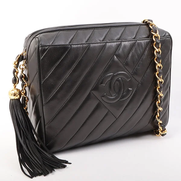 CHANEL black leather bags -Chanel Around 1995 Made Mademoiselle Stitch Fringe Chain Bag Black