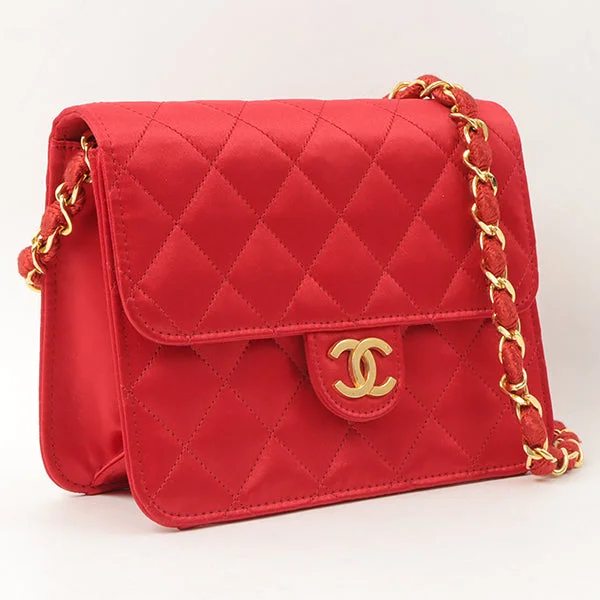 CHANEL bags with gold hardware -Chanel Around 1995 Made Silk Satin Straight Flap Cc Mark Plate Chain Bag Red