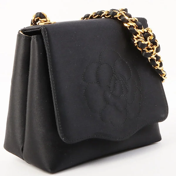 CHANEL bag sale discounts -Chanel Around 1996 Made Satin Camellia Cc Mark Stitch Chain Shoulder Bag Black