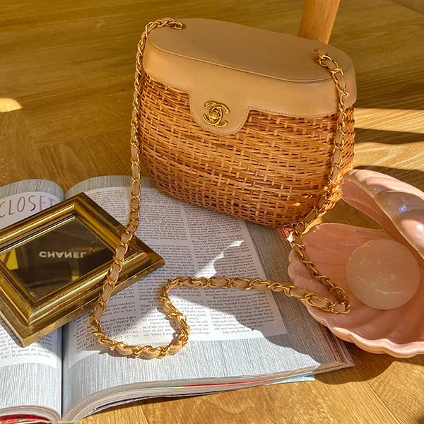 CHANEL bags for casual wear -Chanel Around 1998 Made Rattanturn-Lock Basket Chain Bag Beige