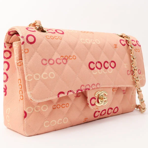 High-quality CHANEL outerwear -Chanel Around 2001 Made Cotton Logo Print Classic Flap Chain Bag 25Cm Coral Pink