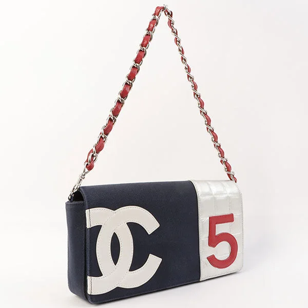 CHANEL bags with iconic design -Chanel Around 2002 Made Denim Chocolate Bar Cc Mark No.5 Stitch Chain Shoulder Bag Navy/Silver/Red