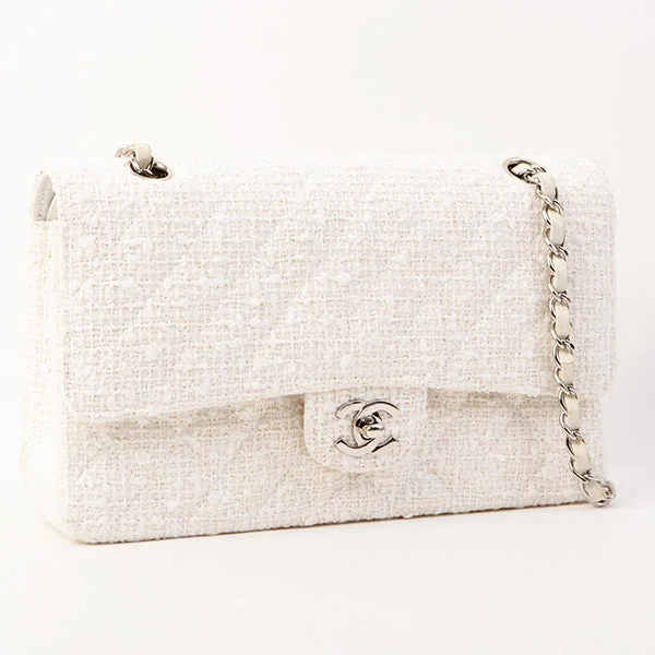 CHANEL bags with chain details -Chanel Around 2003 Made Tweed Classic Flap Chain Bag 25Cm White