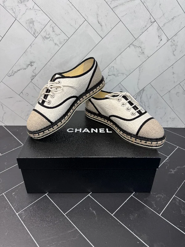 CHANEL dresses with classic cuts -BRAND NEW- Chanel Beige Cotton Lace Up Espadrilles Size 36.5