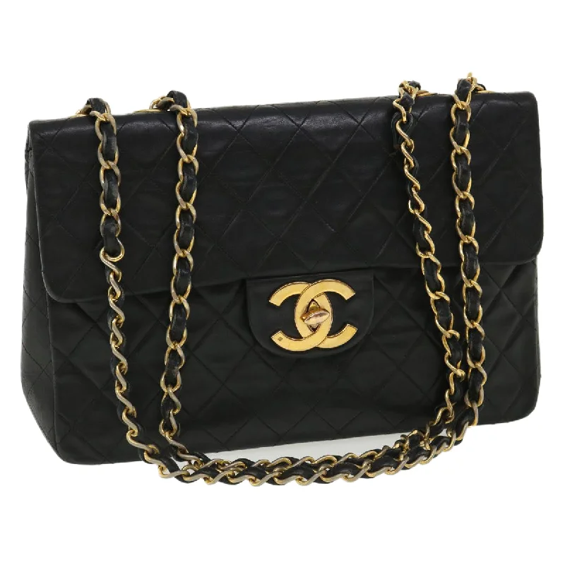 CHANEL bags with silver hardware -CHANEL Big Matelasse Double Chain Shoulder Bag Lamb Skin Black CC  bs3702