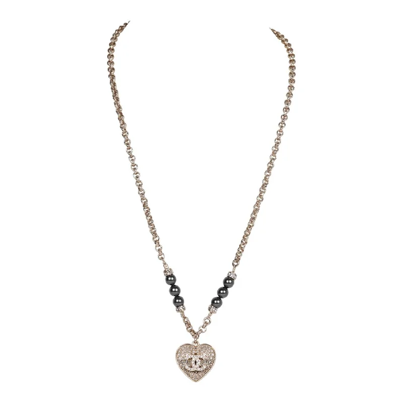 Designer CHANEL necklaces with bold shapes -Chanel Black and Silver CC Crystal Heart Pendant Necklace