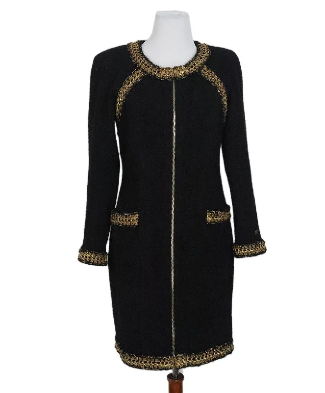 CHANEL tailored jackets for women -Chanel Black & Gold Wool Dress sz 10