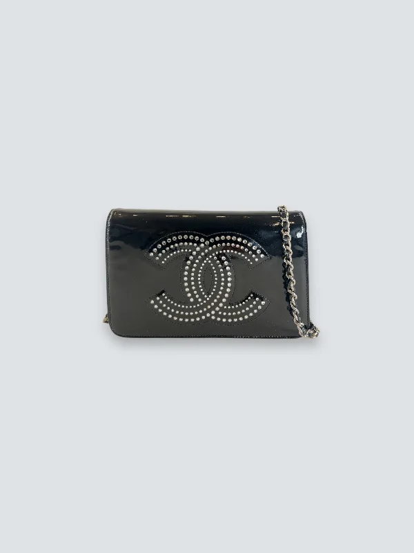 CHANEL bag sale discounts -Chanel Black Patent Leather Wallet on Chain with Diamonte CC