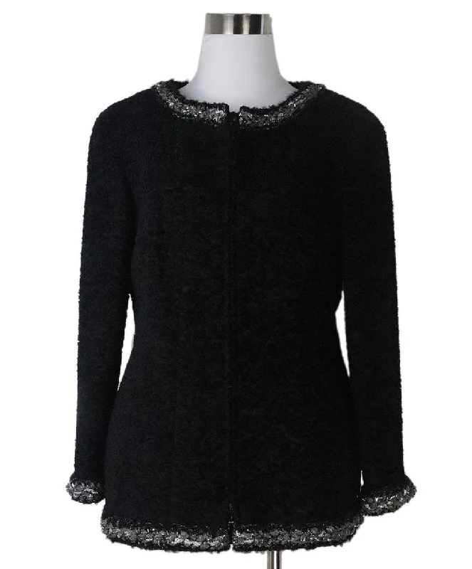 Buy CHANEL coats with unique styles -Chanel Black Silk Jacket w/ Silver Trim sz 6