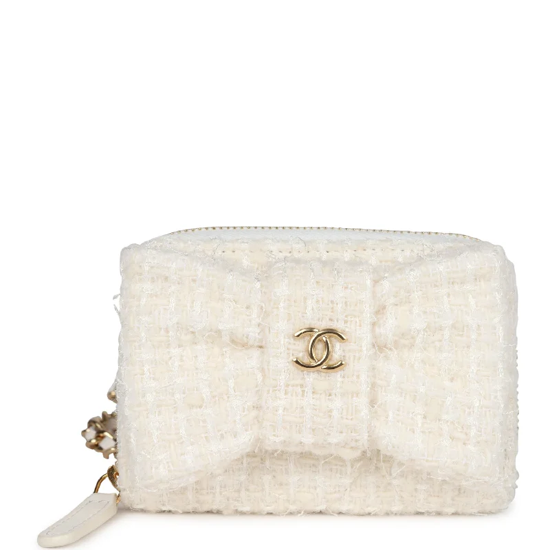 CHANEL quilted leather bag -Chanel Bow Wallet Card Holder on Chain White/Beige Tweed/Calfskin Gold Hardware