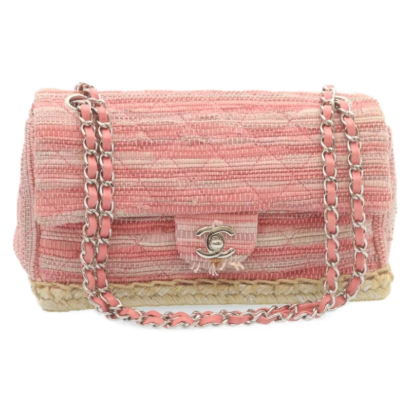 CHANEL quilted leather bag -CHANEL Chain Flap Shoulder Bag Turn Lock Canvas Pink CC  bs334A