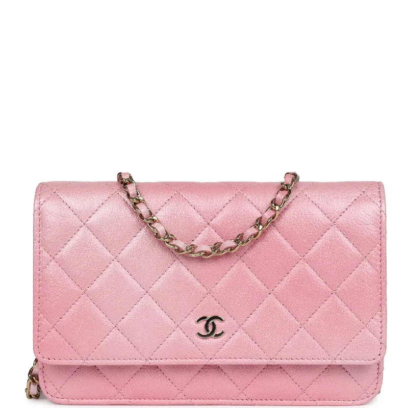 CHANEL evening bags -Chanel Wallet On Chain WOC Pearly Pink Iridescent Calfskin Gold Hardware