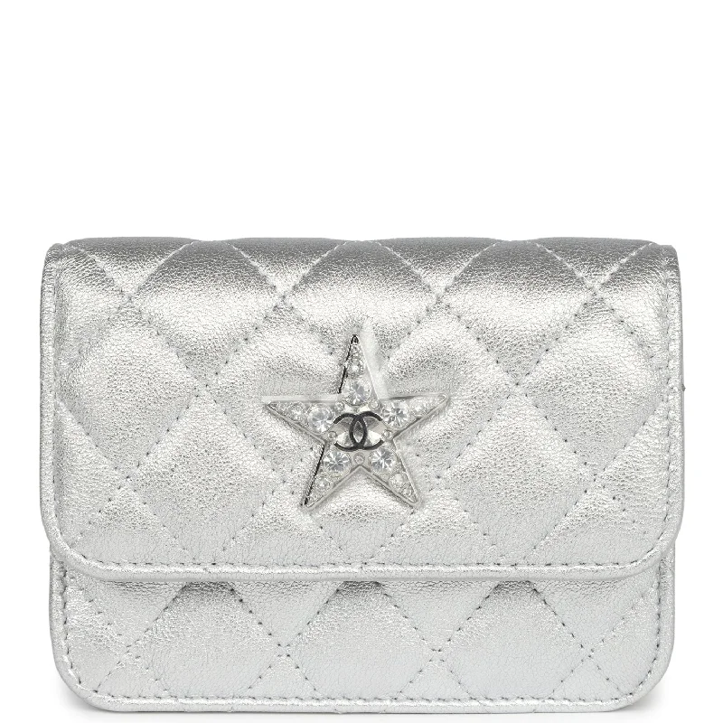 CHANEL bags with gold hardware -Chanel Crystal CC Walk Of Fame Clutch Wallet Silver Metallic Goatskin Silver Hardware