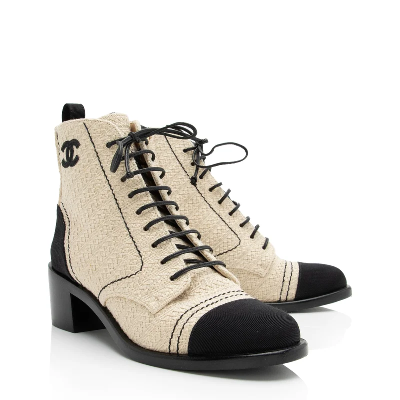 Buy CHANEL platform heels -Chanel Fabric Grosgrain CC Lace Up Ankle Boots - Size 7.5 / 37.5 (23346)