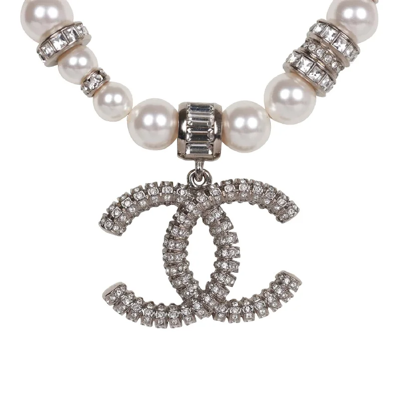 CHANEL watches with leather and gold accents -Chanel Faux Pearl and Crystal Silver CC Pendant Necklace