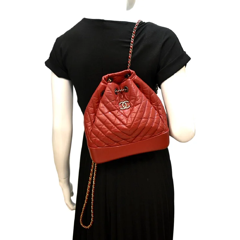 CHANEL bags with rhinestone details -CHANEL Gabrielle Chevron Aged Calfskin Leather Backpack Bag Red